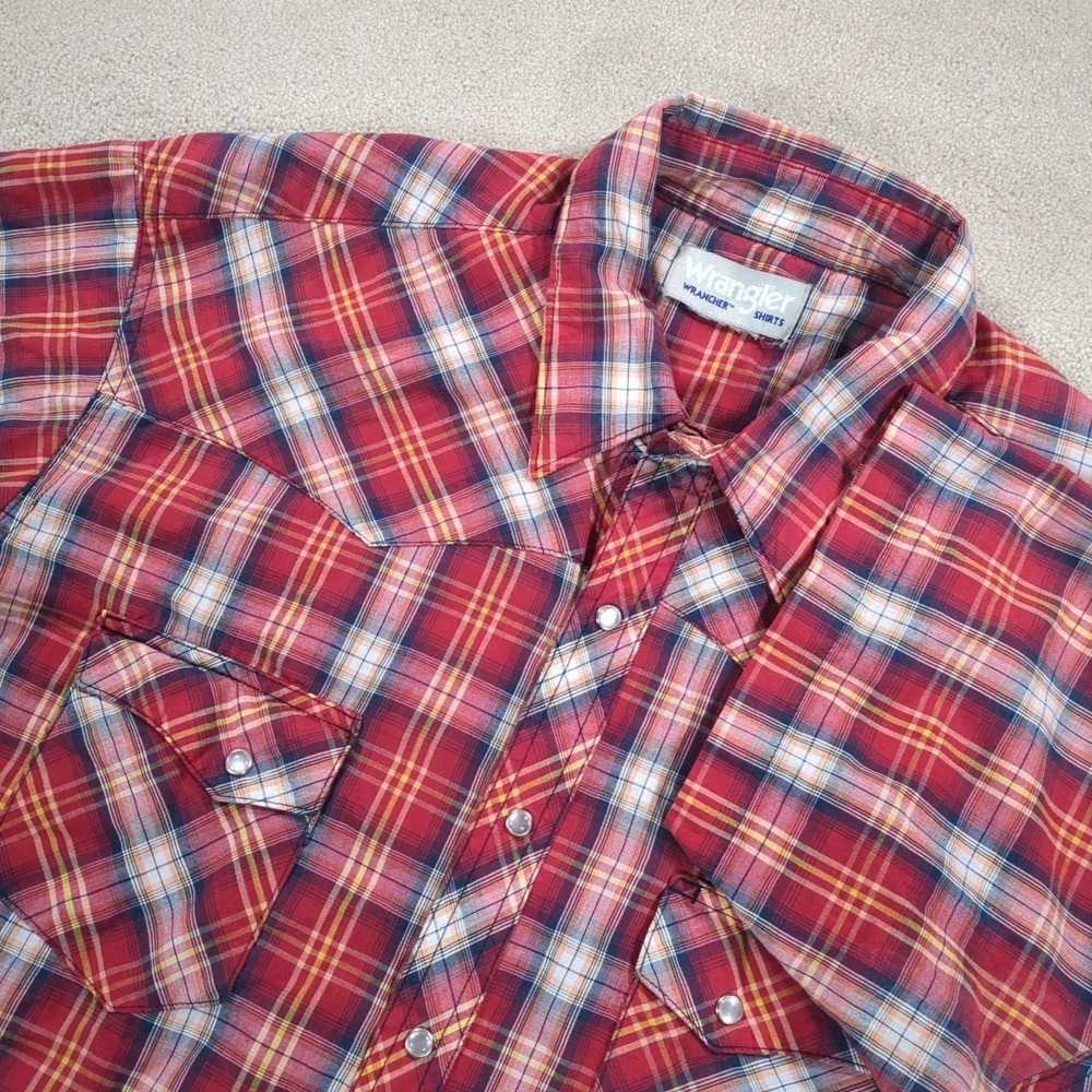 Wrangler Wrancher Pearl Snap Shirt Mens Medium Red Tartan Plaid Western Cowboy